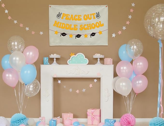 Peace Out Middle School Graduation Banner, Beige Cotton Canvas Classroom Wall Hanging Sign for Last Day of School Party Decor, 8th Grade Promotion Photo Booth Backdrop, Teacher Gift 28.5x20 Inch