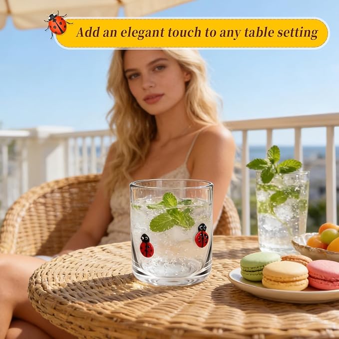 14 Ounce Icon Juice Glasses, Aesthetic Cocktail & Old Fashioned Drinking Glasses, Iconic Clear Glass Cups for Women, Sister, Friend & Party Gifts (Ladybug)