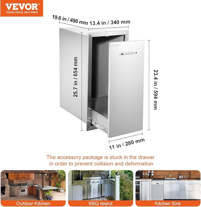 VEVOR Pull-Out Trash Drawer 13.4"W x 25.7"H x 19.6"D Lower Sliding Rails Steel Roll-Out Trash Bin Pull-Out Tray Outdoor Handled Kitchen Trash Drawer for BBQ Island Grill Station Trash Can NOT Included | Steel Roll-Out Trash Bin Tray Outdoor Handled Kit...