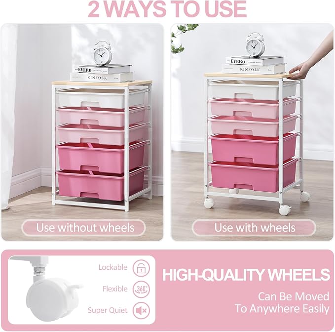SYKIARIOL Utility Cart with 5 Drawers,Storage Drawer Cart with Wooden Tabletop and Lockable Wheels,Craft Storage Trolley Cart,5-Tier Rolling Utility Cart on Wheels,Rose Pink