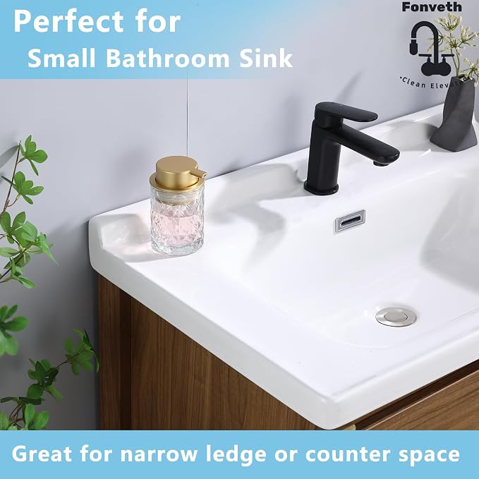 Foaming Soap Dispenser Clear Glass Bottle Gold Pump, Easy Refill and Clean Design Clog-Free Heavy Glass for Kitchen Bath