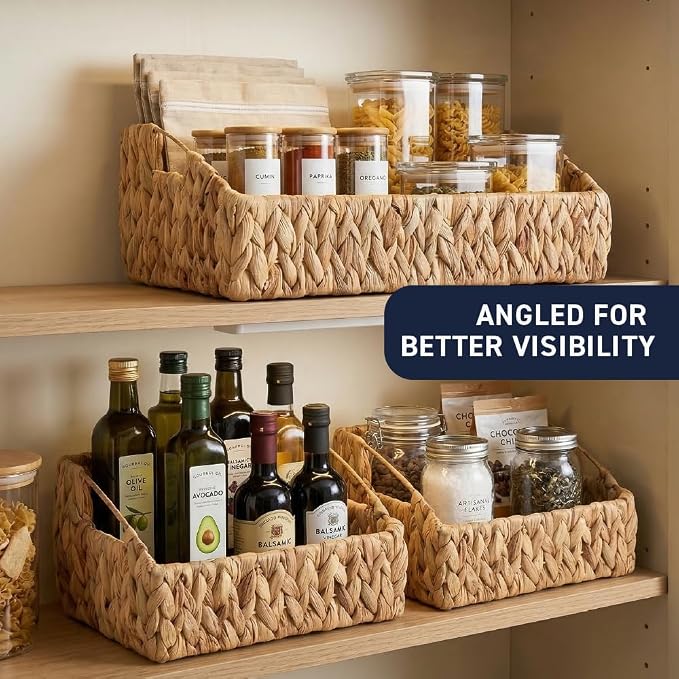 Ornavo Home 3-Pack Water Hyacinth Storage Baskets with Handles, Natural | Handwoven Decorative Natural Organizer For Shelves, Pantry, Closet Or Living Room