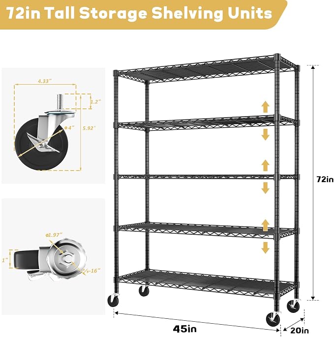 ROOMTEC 5-Tier Wire Shelving with Wheels,45"W*20"D*72"H,Max Load 2000 lbs | Rolling Garage Shelves,Heavy Duty Storage Shelf,Adjustable Metal Shelf Rack for Kitchen,Laundry,Pantry,Warehouse,Basement