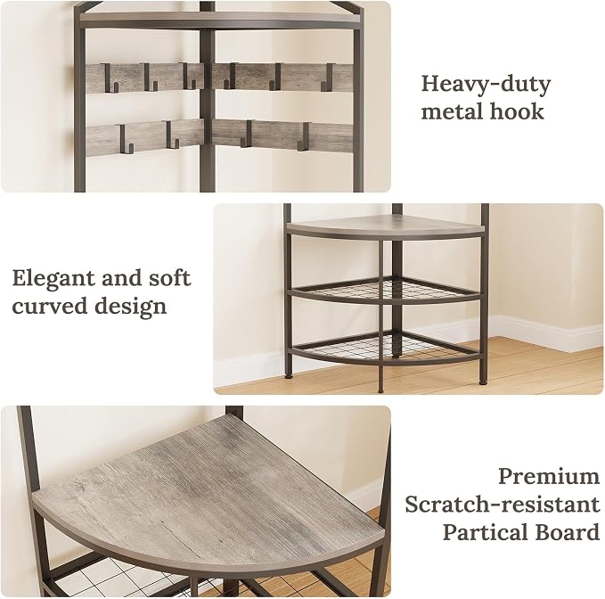 GiftGo Grey Corner Hall Tree with Shoe Bench Entryway Coat Rack with 10 Metal Movable Hooks Rustic Farmhouse Floorstanding Clothes Rack Shoes Shelf Organizer for Home Office Bedroom (Greige)
