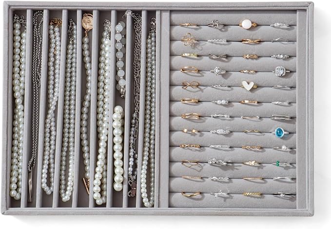 Large Jewelry Organizer for Drawer Insert Velvet Stackable Jewelry Trays for Earring Necklace Bracelet Ring Display (Gray, Ring and 9 Grids)