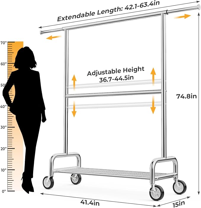 Heavy Duty Clothes Rack Load 860LBS, Double Rods Rolling Clothing Racks for Hanging Clothes, Rolling Garment Rack With Sturdy Wheels Shelves, Portable & Adjustable Commercial Garment Rack, Chrome