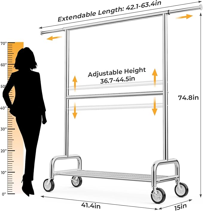 Heavy Duty Clothes Rack Load 860LBS, Double Rods Rolling Clothing Racks for Hanging Clothes, Rolling Garment Rack With Sturdy Wheels Shelves, Portable & Adjustable Commercial Garment Rack, Silver