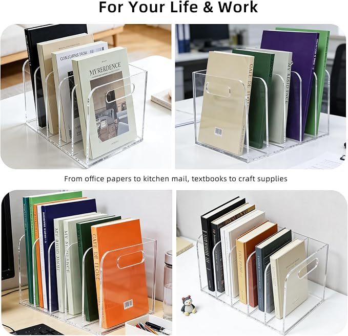 Clear Acrylic Magazine File Holder, 5 Compartment Desk Organizer | 5 spacious vertical compartments hold magazines, files, books & more. Clear acrylic, non-slip base. No assembly, portable.