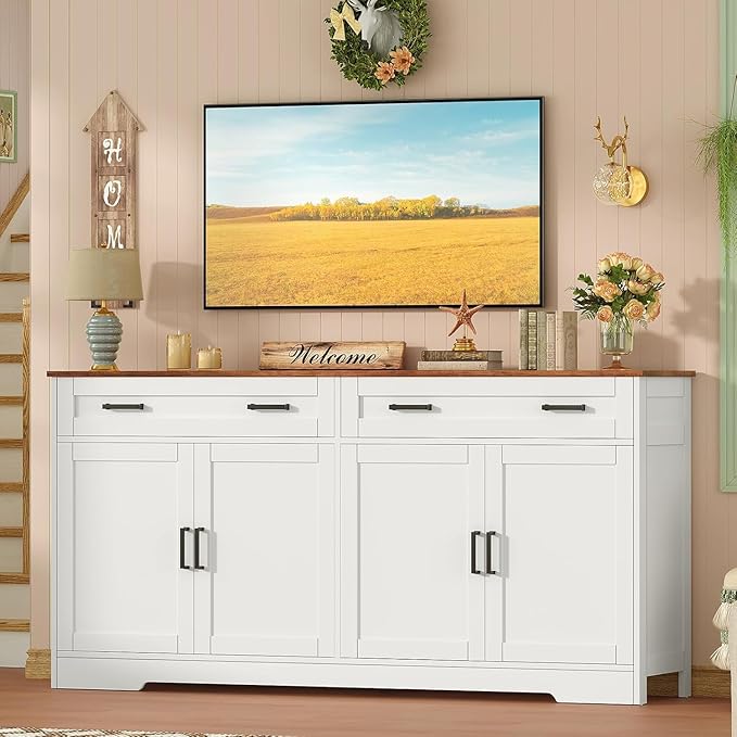usikey 55" Buffet Cabinet with Storage and Drawers, Large Sideboard Buffet Cabinet with Adjustable Shelves and Doors, Modern Coffee Bar for Kitchen, Living Room, White