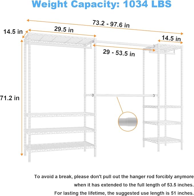 Ulif E11 Heavy-Duty Garment Rack, Metal Freestanding Clothes Rack and Closet Storage Organizer with 8 Shelves and 4 Hanger Rods, (73.2-97.6)" W x 14.5" D x 71.2" H, Load 1034 LBS, White