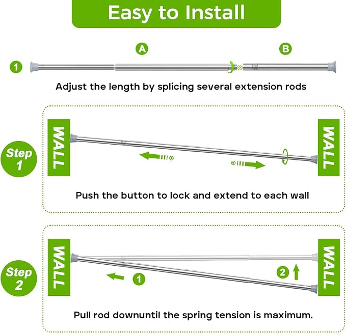 Silver Shower Curtain Rod 32 to 76 Inches Adjustable, 7/8 Inch Diameter Heavy Duty Tension Curtain Rods No Drill, Rust-Resistant Tension Rod for Bathroom, 1 Pack