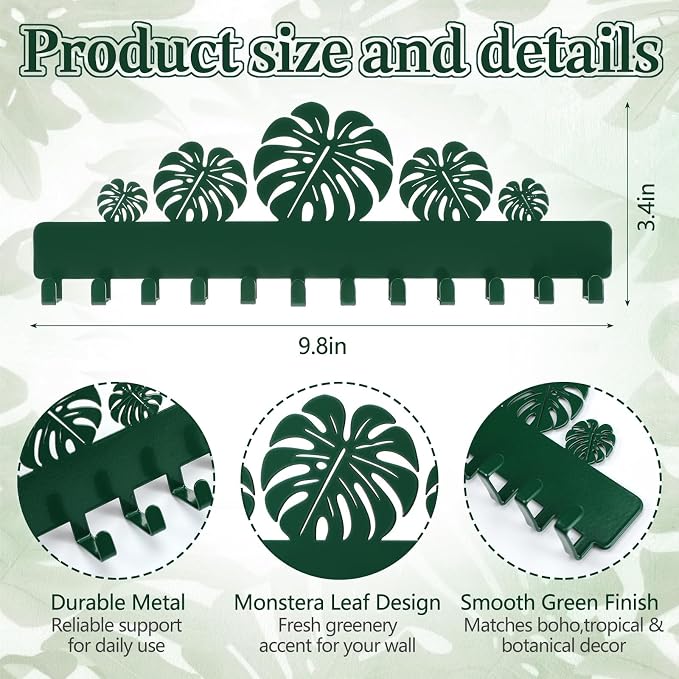 Hicarer 2 Pack Monstera Leaf Necklace Holder Wall Mount with 24 Hooks Adhesive Metal Plant Hook Boho Wall Decor Jewelry Organizer for Earrings Bracelets Rings Keys Bedroom Bathroom Dorm