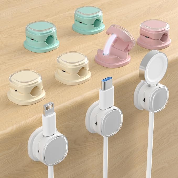 Magnetic Cable Clips, Adjustable Cord Holder Management, Adhesive Wire Keeper Organizer for Home Office Desk Phone PC Car Wall Desktop Nightstand Appliance (9-PCS White_Purple_Cyan_Apricot)