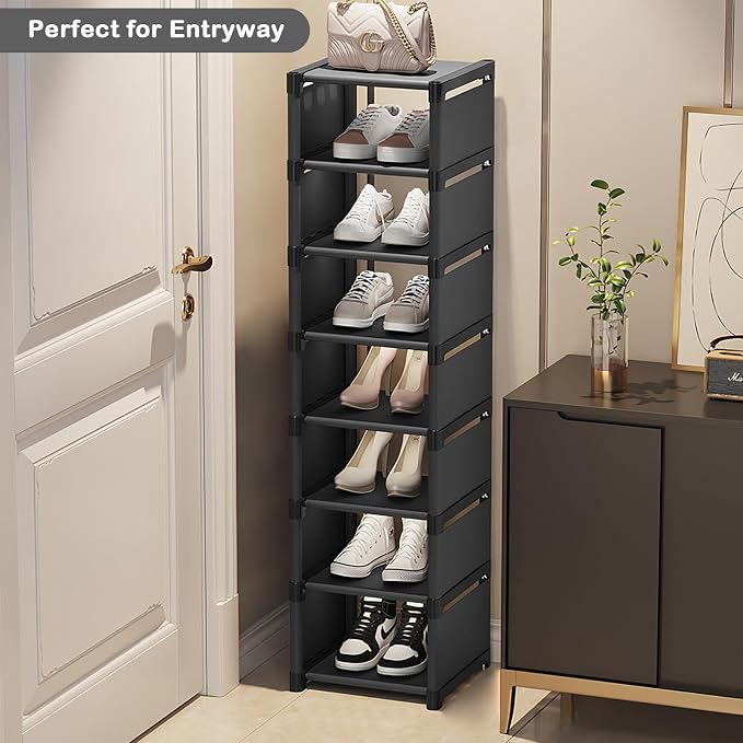 8-Tier Tall Corner Shoe Rack for Entryway Corner Narrow Shoe Shelf Space Saving Corner Shoe Storage Organizer Freestanding Storage Organizer for Closet, Entryway, and Small Spaces,Black