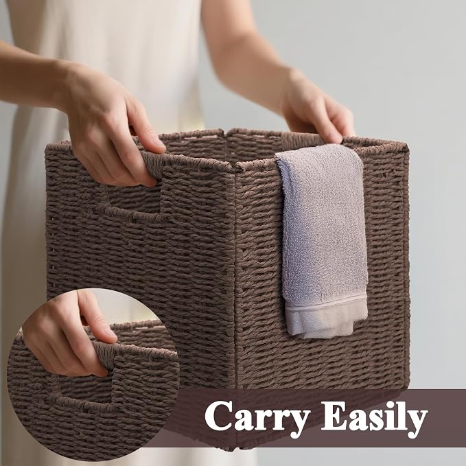 Wicker Storage Baskets for Organizing, 3 Pack Rustic Foldable Square Basket for Shelves, Handwoven Cubby Organizer Bins for Home Decor, Small Cube Storage Bin for Closet Organization (Brown 11 inch)