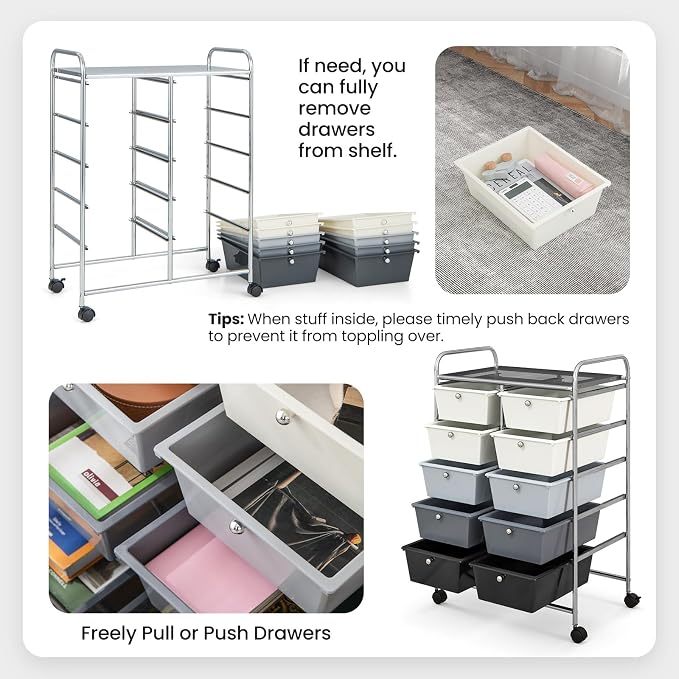BECOMFORT 10-Drawer Rolling Cart with Drawers, Storage Cart on Wheels, Teacher Classroom Organizers with Metal Frame, Mobile Craft Cart, Trolley Utility Cart for School Office Play Room
