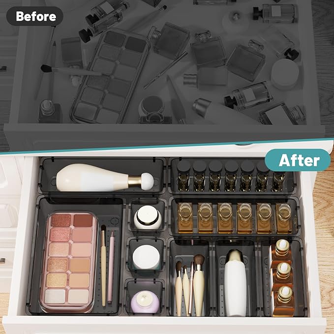 WOWBOX 16 PCS Clear Plastic Drawer Organizer Set, 4 Sizes Desk Drawer Organization and Storage Containers for Makeup, Cosmetics, Jewelry and Gadgets in Kitchen, Bathroom, Bedroom, Office, Clear Black