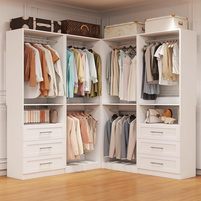 Closet System with 4 Sets, 8FT-21FT Closet Organizer Systems with 6 Wooden Drawers & 10 Hanging Rods, Walk in Closet Freestanding Corner Closet System Modular Closet System White (8FT)