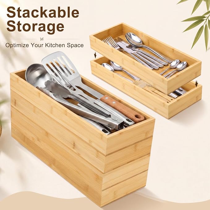 4 Pcs Bamboo Drawer Organizer Stackable Utensil Organizer for Kitchen Bamboo Storage Box Wood Silverware Tray for Drawer, Dresser, Bathroom (15" X 6" X 2")