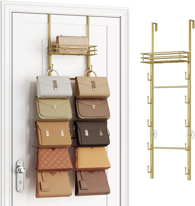 SWTYMIKI Over the Door Purse Organizer - Wall Mounted Handbag Organizer with 10 Hooks and Metal Basket, Hanging Purse Storage Rack Holds up to 10 Bags, Bag Rack Can Use As 1/2 Part, for Door, Closet