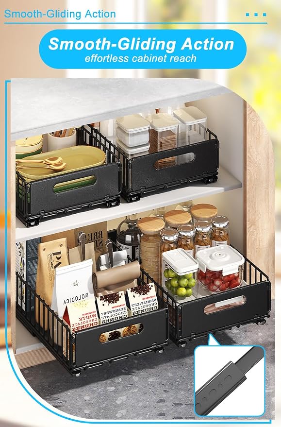 Pull out Cabinet Organizer Fixed with Adhesive Nano Film,Heavy Duty Slide out Pantry Shelves Drawer Storage,Sliding Mesh Cabinet Basket for Kitchen, Bathroom,Home, 9.65"W X14.76"D X7.48"H, pack of 2