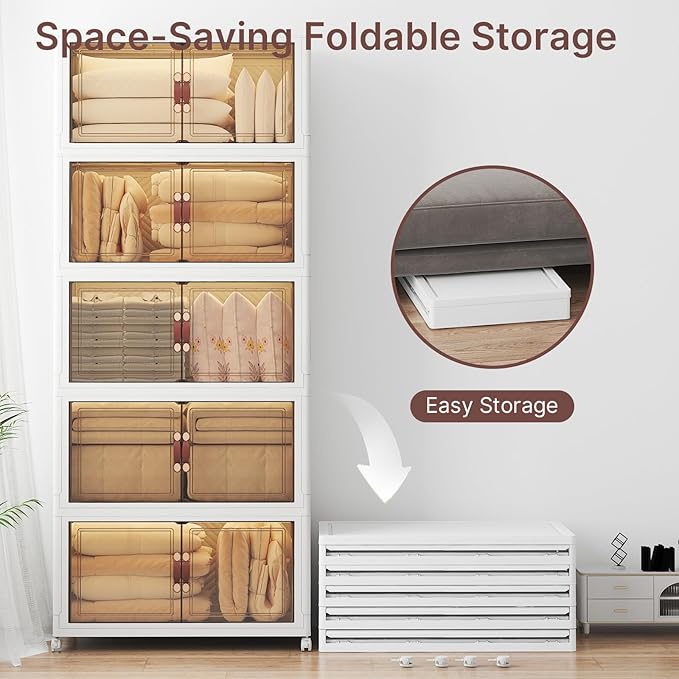 Stackable Storage Bins with Lids, Collapsible Storage Boxes, Foldable Plastic Storage Drawers for Bedroom,Office, Dorm (5, White, XL)