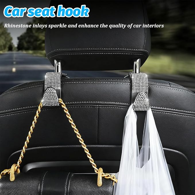 Zpana 4PCS Bling Car Seat Headrest Hooks, Vehicle Back Seat Purse Handbag Hanging Holder with Crystal Rhinestone, Diamond Storage Organizer Hook, Universal Automotive Accessories (Black/Blue)