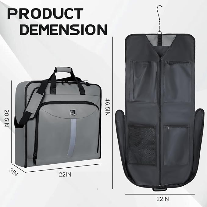 Goloni Garment Bag For Men Women Travel & Business,Hanging Clothes & Multiple Compartment,Waterproof Foldable Suit Bag Grey