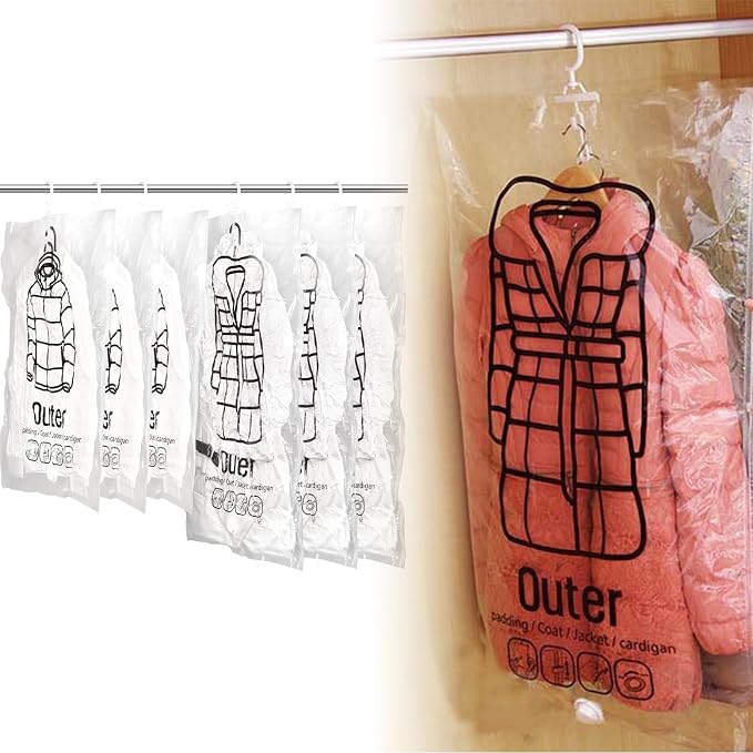 6PCS Hanging Vacuum Storage Bags Reusable Space Saver Clothes Vacuum Sealer Bags 26x35"＆26x39" Moisture-Proof Cloth Storage for Dress, Winter Coats