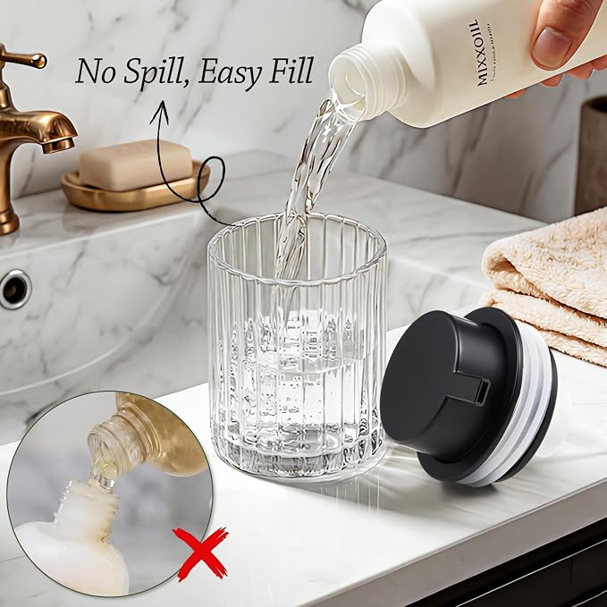 Foaming Hand Soap Dispenser, 8oz Refillable Clear Glass with Black Pump, for Liquid Soap or Lotion, Vertical Ribbed Decor for Bathroom Vanity, Kitchen, Commercial Use - 2 Pack