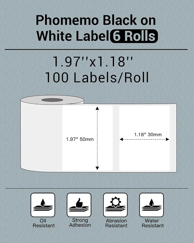 Phomemo 1.97"x1.18"(50x30mm) Label, 6 Rolls M110/M110S/M120/M200/M220 Thermal Paper - Multi-Purpose Square Self-Adhesive Label, 230 Labels/Roll, Black on White, Total of 1380 PCS