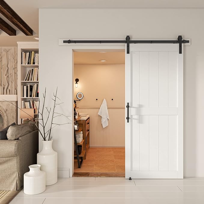 36''x84'' Sliding Barn Door with 6.6 Ft Barn Door Hardware Kit | Fits 32-34''W Openings, Pre-Drilled Holes Easy Assembly-Waterproof PVC Surface, H-Frame, White