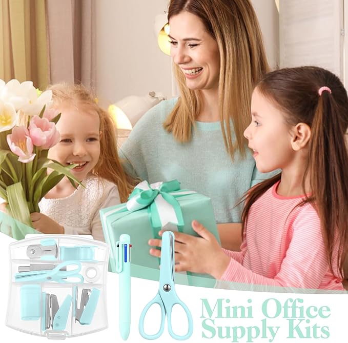 Mini Office Supplies, Turquoise Green School Supplies with Sticky Notes,Mini Stapler,Tape Dispenser,Hole Punch,Staple Remover,Staples,Clips,Scissor,Pen (Green)