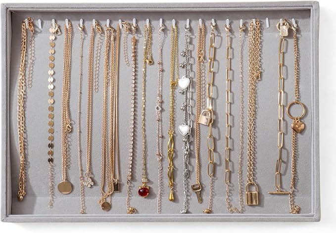 Large Jewelry Organizer for Drawer Insert Velvet Stackable Jewelry Trays for Earring Necklace Bracelet Ring Display (Gray, 20 Hooks)