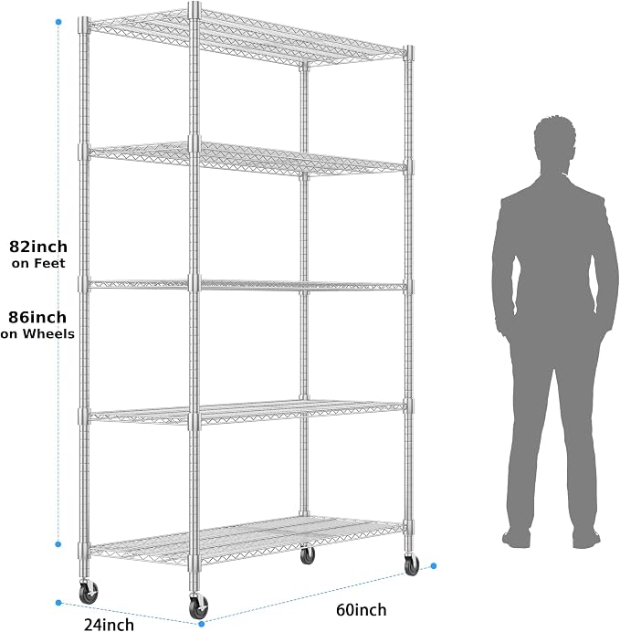Homdox 5 Tier Storage Racks and Shelving, 24"x60"x82" Heavy Duty Metal Shelves for Storage, 3000LBS Commercial Adjustable Wire Shelving Unit on Wheels for Garage, Pantry, Kitchen, Warehouses, Chrome
