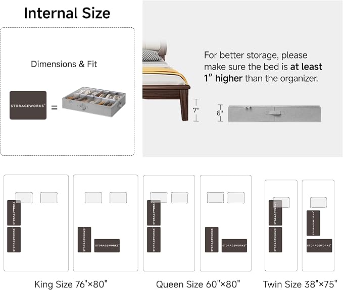 StorageWorks 24-Pair Underbed Storage Shoe Organizer for Closet, Grey | Adjustable Dividers, 2 Pack, Up to 12 Pairs Each, 5.25" Height, Fits 6-inch+ Clearance, Clear Top, Soft Handles, For Bedroom