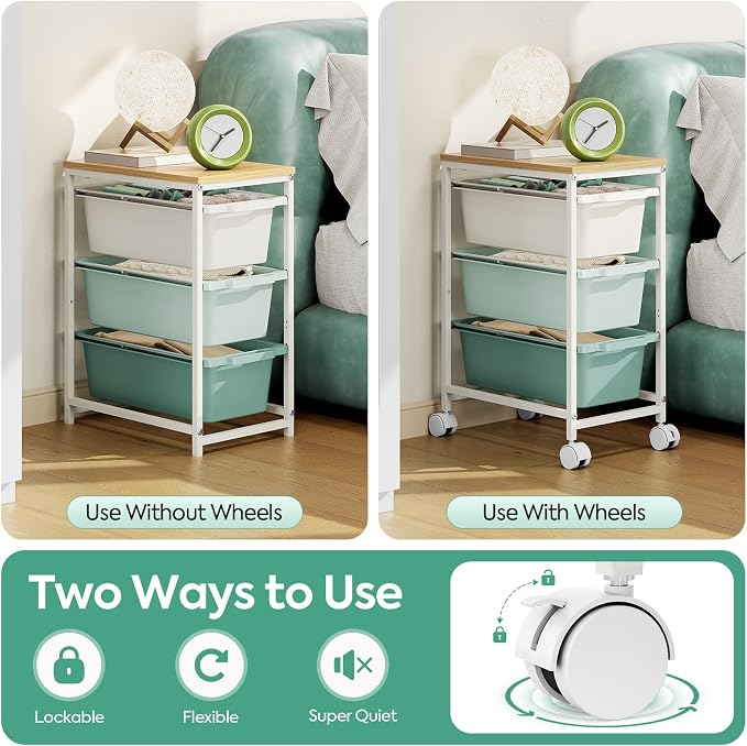 Slim Rolling Storage Cart with 4 Drawers, Craft Organizer, Wooden Tabletop Utility Cart for Bedroom, Children's Room and Office Organization, Table Side Trolley with Lockable Wheels, Green