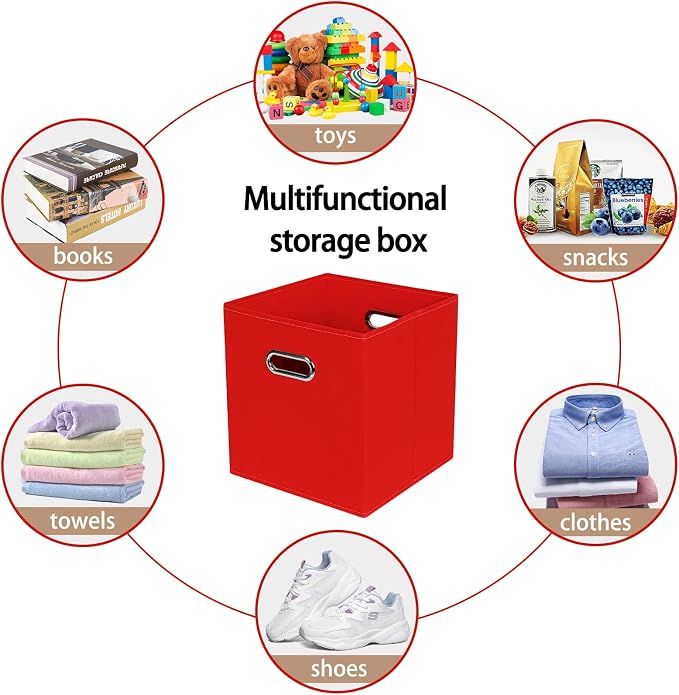 Fabric Cloth Storage Bins,Fabric Cube Bins Organizer with Dual Handles Foldable Cube Storage Baskets for Home Bedroom Storage,Set of 6,(Red)