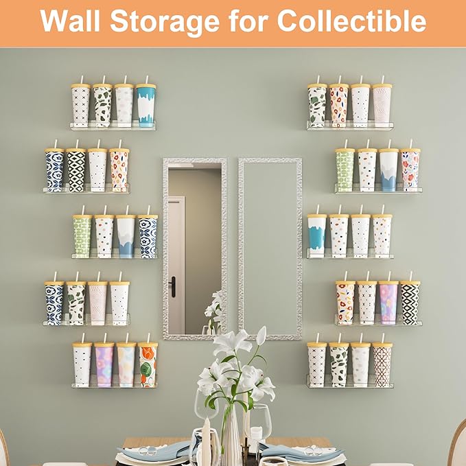 upsimples 12 Pcs 15" Acrylic Shelves for Wall Display and Storage, Clear | Transparent Design Highlights Skincare, Perfume, Easy-to-Find Versatile Floating Shelves for Bathroom, Bedroom and Playroom