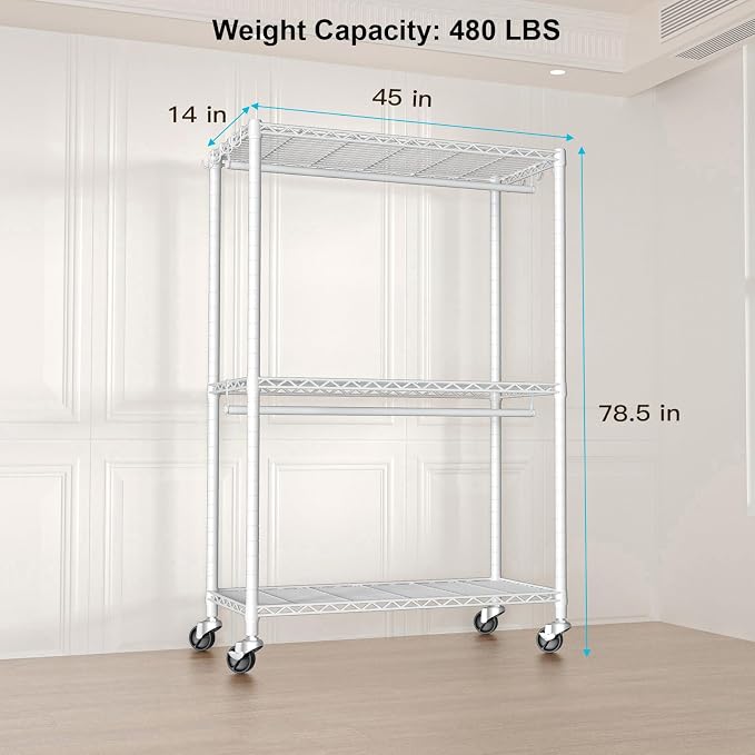 FUTASSI P3 Plus Rolling Clothes Rack, Clothing Racks for Hanging Clothes, Heavy Duty Garment Rack with Wheels, Freestanding Portable Closet Racks 45" W x 14" D x 78.5" H, Max Load 480 LBS, White