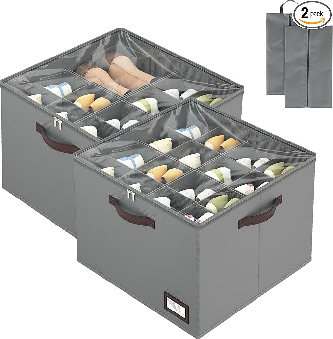OIAHOMY 2 Pack Shoe Organizer for Closet, Large Foldable Shoe Storage Bins with Dividers and Reinforced Handles, Each Clear Cover Sneaker Box Fits Up to 16 Pairs for Entryway and Bedroom, Grey