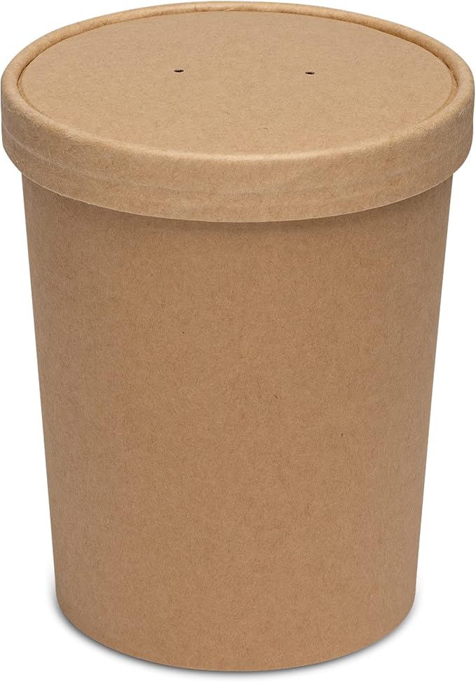 GUSTO 32 oz Kraft Paper Food Containers with Vented Lids [25 Count] To Go Hot Soup Bowls, Disposable Ice Cream Cups, Ideal for Hot and Cold Foods - (Formerly Comfy Package)