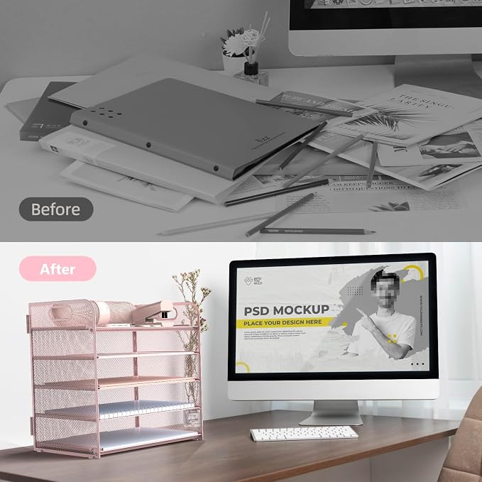 Sinboun Letter Tray Paper Organizer 5-Tier Desk Organizer File Organizer Paper Holder with Handle, Metal Desktop Document Shelf Tray Office Classroom Organization - Pink, PK5CENGTISHOU