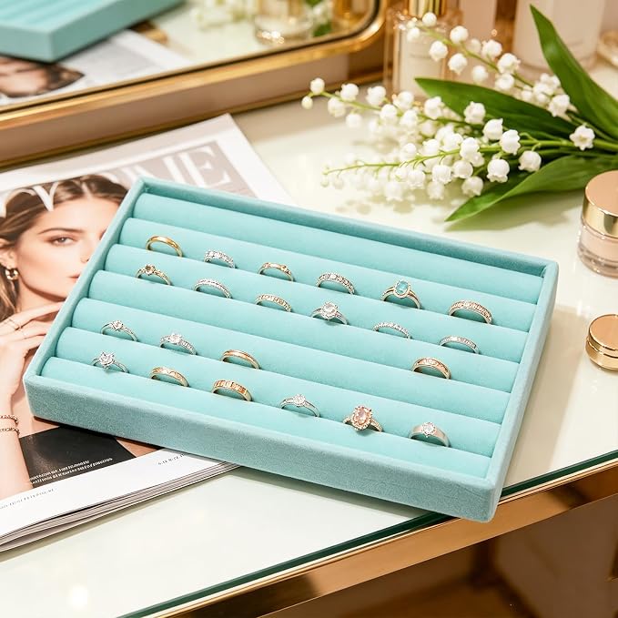 Velvet Jewelry Trays for Drawers, Blue Stackable Jewelry Drawer Organizer Inserts, Ring Earring Necklace Bracelet Holder Organizer Storage Display Tray with Removable Dividers, 8 Rolls
