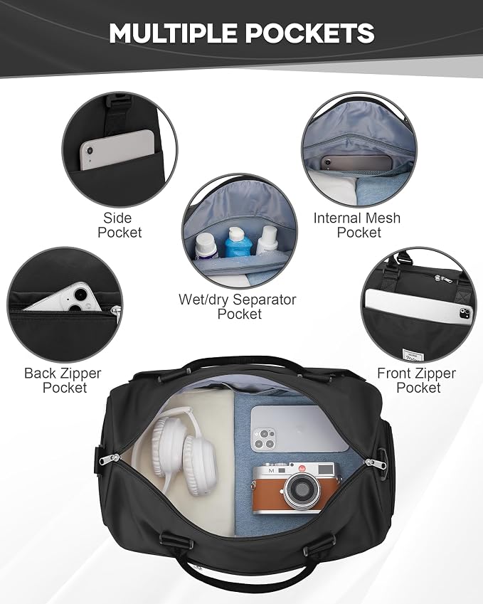 Gym Bag for Women Men Duffle Bags for Travel with Shoe Compartment Shoulder Weekender Overnight Carry on Tote Bags for Airplane Beach Bag Workout Yoga Sport Swimming Black