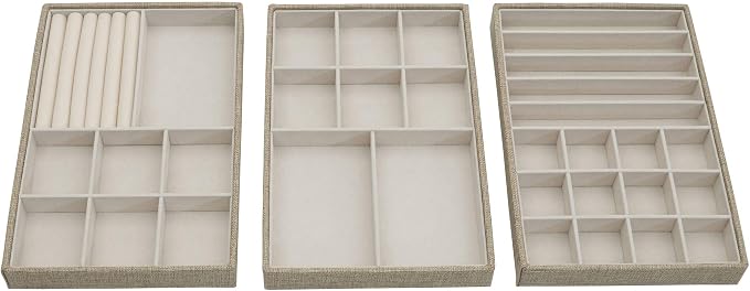 Household Essentials Stackable Jewelry Trays, 3 Varieties, Space for Necklaces, Rings and Earrings, Blended Canvas with Felt Interior, Perfect for Drawers and Closet Shelves, Latte