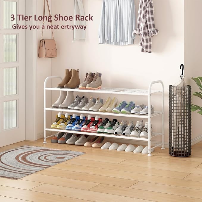 LINZINAR 3 Tier Long Shoe Rack for Closet Metal Shoe Organizer for Entryway | Spacious design stores 20+ pairs of shoes,durable metal frame,space-saving organizer for closet, hallway, and Entryway White