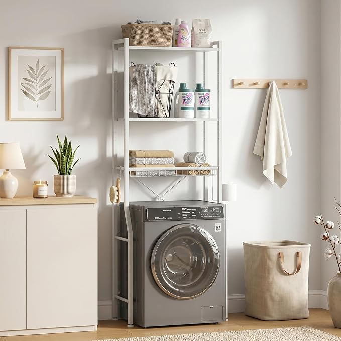 DUMOS Over-The-Toilet Storage Rack, 4-Tier Bathroom Organizer with Basket | Freestanding Above Toilet Storage Cabinet with Adjustable Shelf, Space Saver Bathroom Cabinet with 3 Hooks for Rooms, White