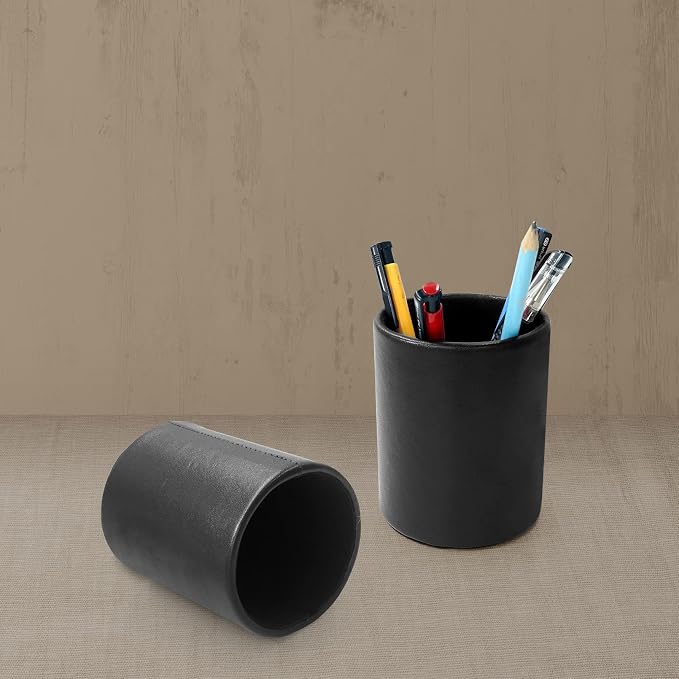 DreamsEden Pencil Holder, Leather Pen Cup for Desk (Round, Black)