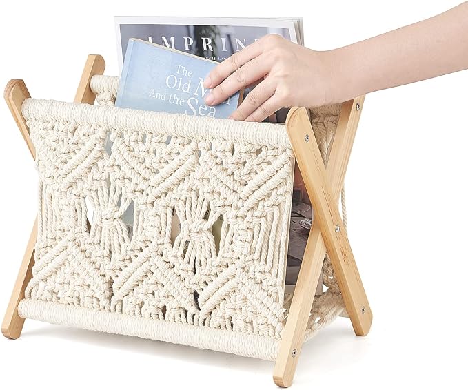 Mkono Macrame Magazine Holder, Boho Woven Book Rack Basket, 11.2"L x 7.5"W | Boho Decor, Mail Paper Vinyl Storage, Living Room Bedroom Bathroom Nursery Dorm Office, Handwoven,Space-Saving, Ivory
